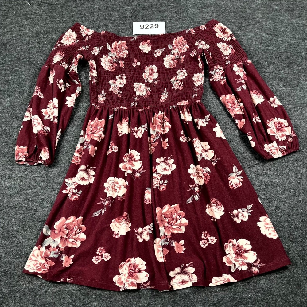 J for Justify Mini Dress Womens Large Maroon Floral Smocked Off The Shoulder